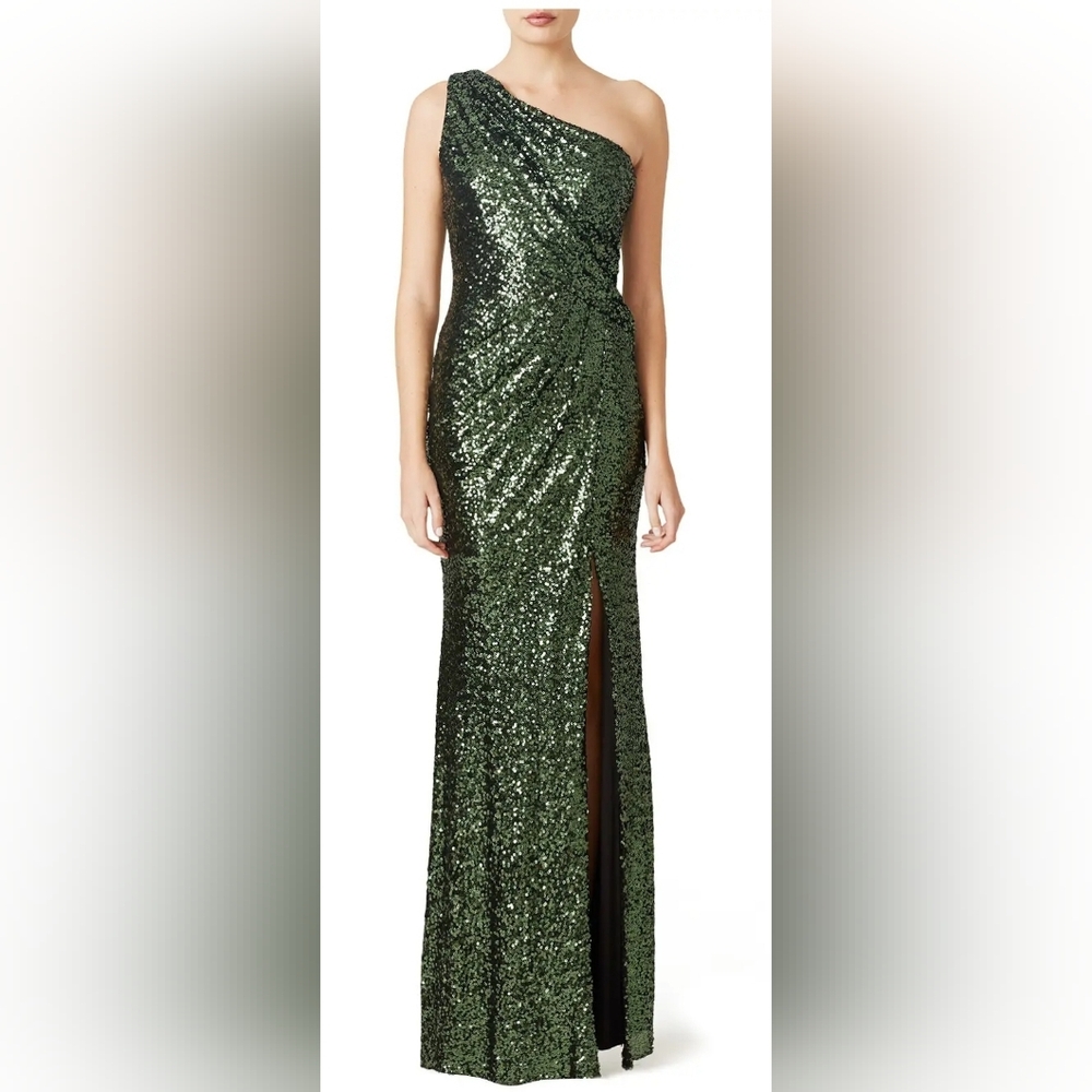 Badgley Mischka Green Sequin One-Shoulder Gown